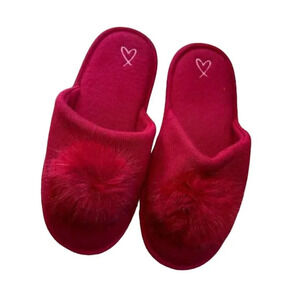 VICTORIA'S SECRET Red Sweater Knit Slipper Slides Mules with Pom - size large